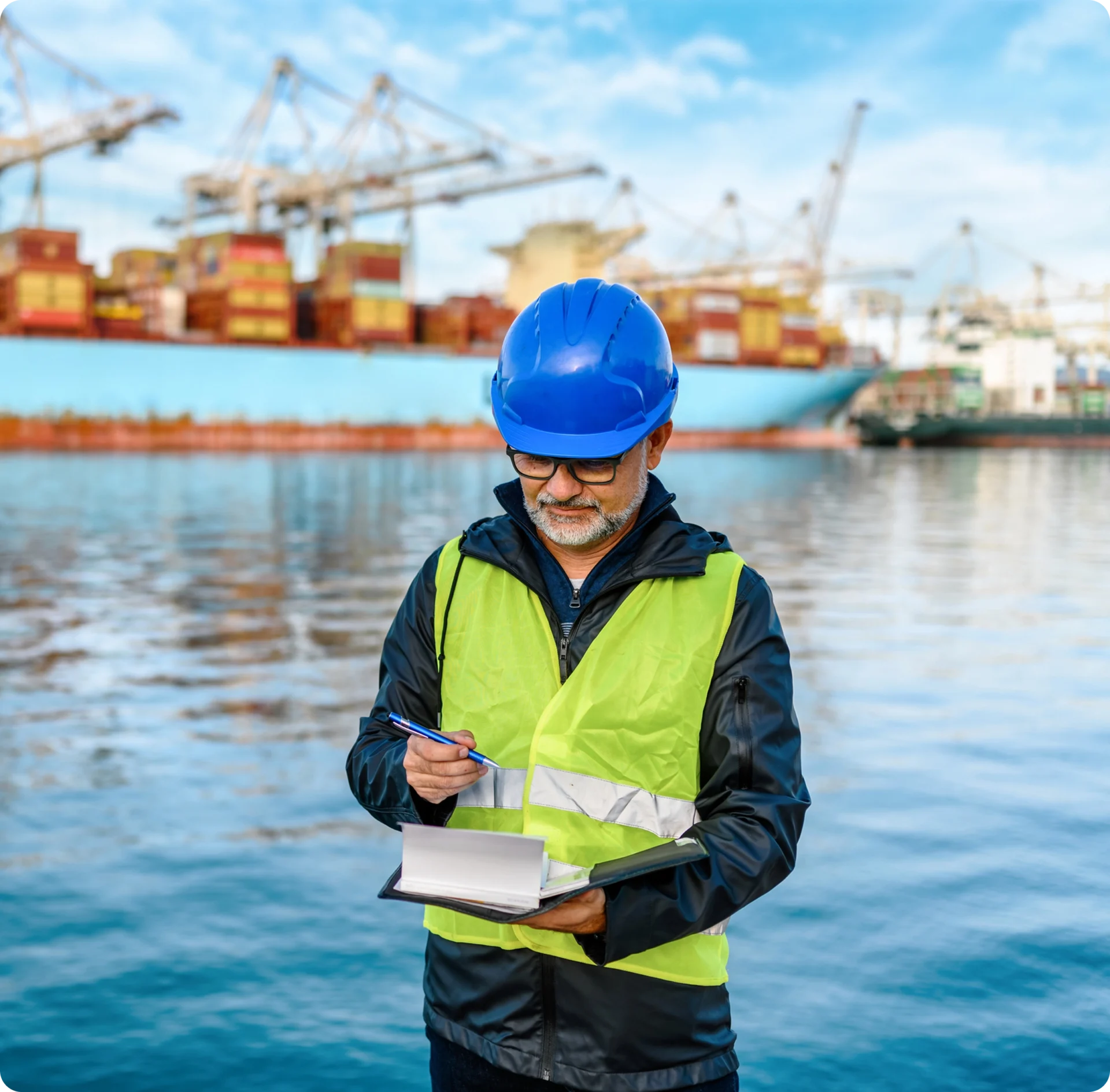 Inspector with hard hat at shipping port.